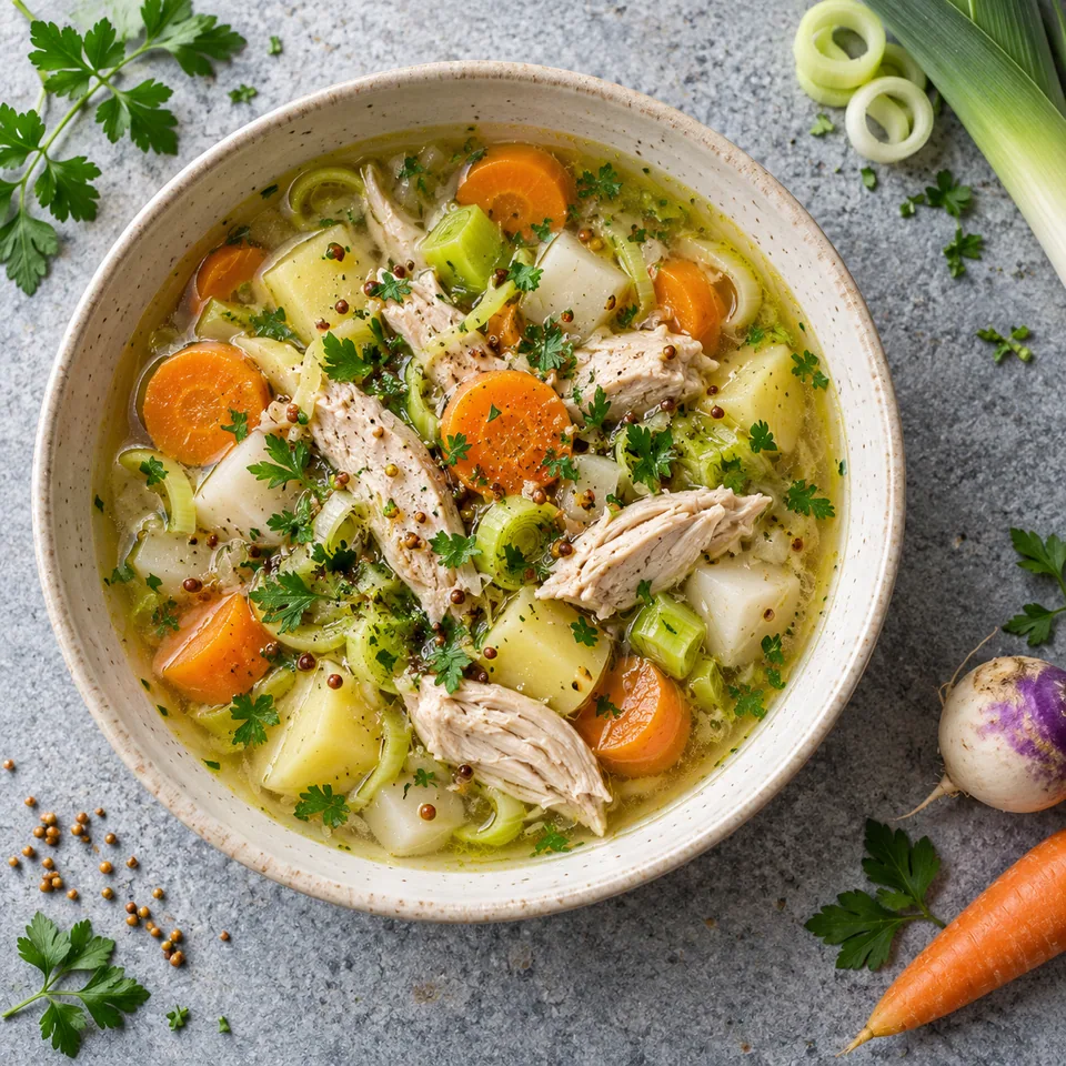 Poule au pot express aux poireaux, carottes et navets dans un grand bol en grès crème, garni de persil.