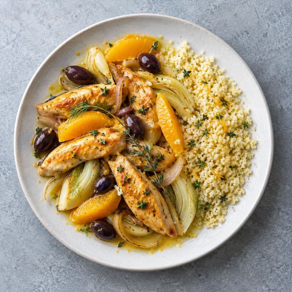 Poulet à l’orange et au fenouil : aiguillettes dorées, fenouil émincé, quartiers d’orange et olives, semoule sur le côté.