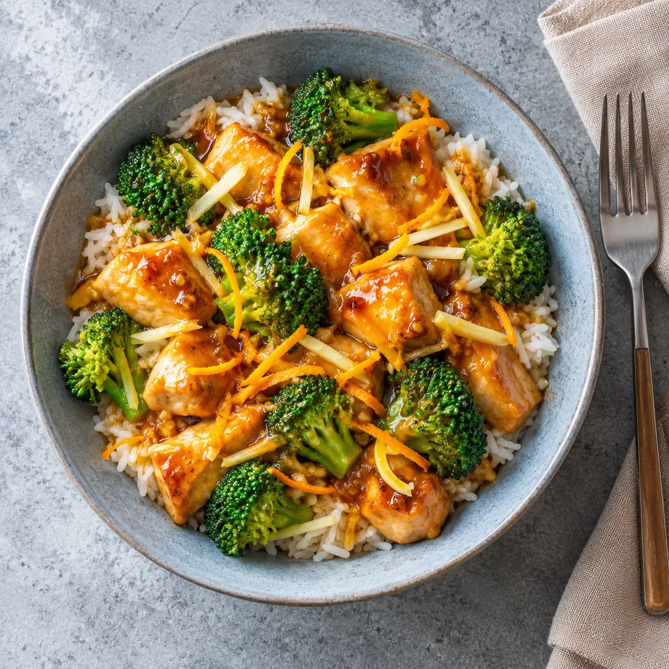 Poulet à l’orange et au gingembre : riz, poulet doré, brocoli vert et sauce orange brillante dans une assiette creuse.