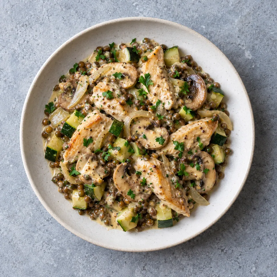 Poulet à la moutarde et aux champignons, avec dés de courgette, lentilles et oignon, en sauce crémeuse parsemée de persil.
