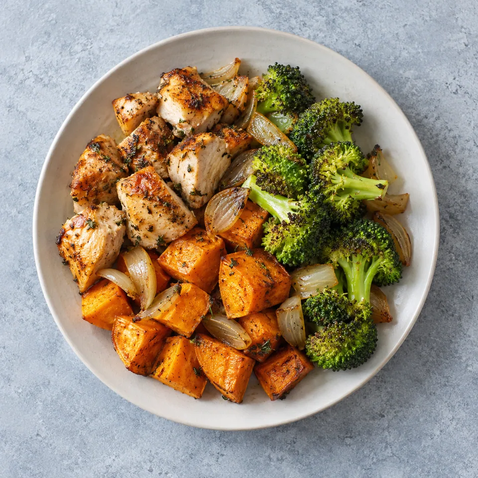 Poulet au four, patate douce et brocoli : morceaux de poulet dorés, patate douce orange, fleurettes vertes et oignon rôti.