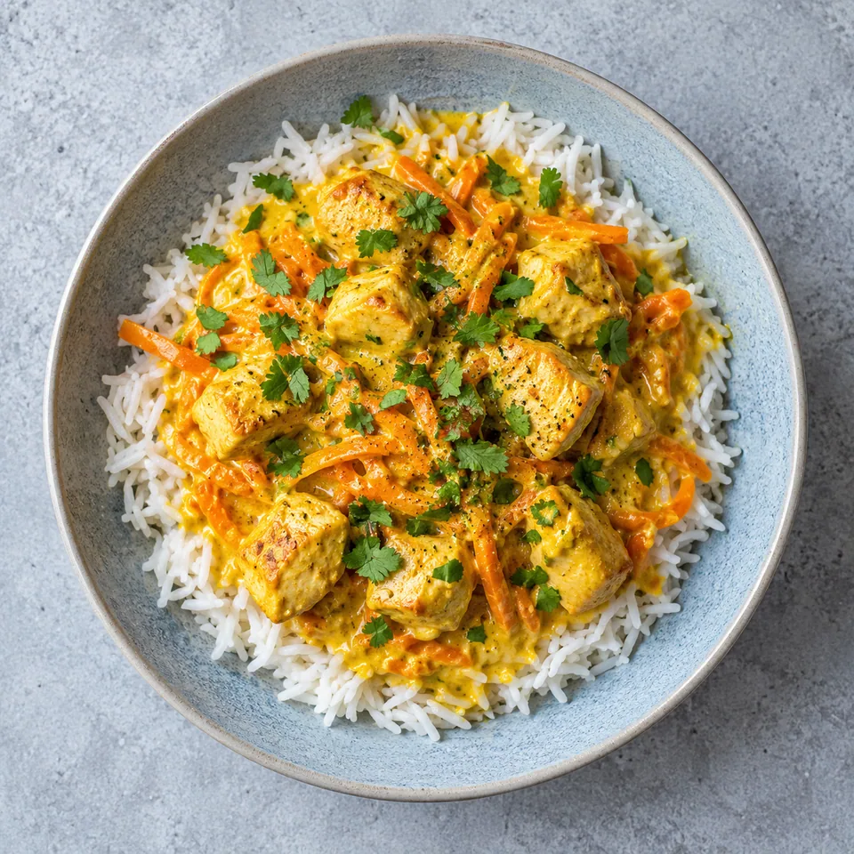 Assiette creuse bleu-gris : riz basmati, dés de poulet et carottes râpées en sauce coco jaune, parsemés de coriandre fraîche.