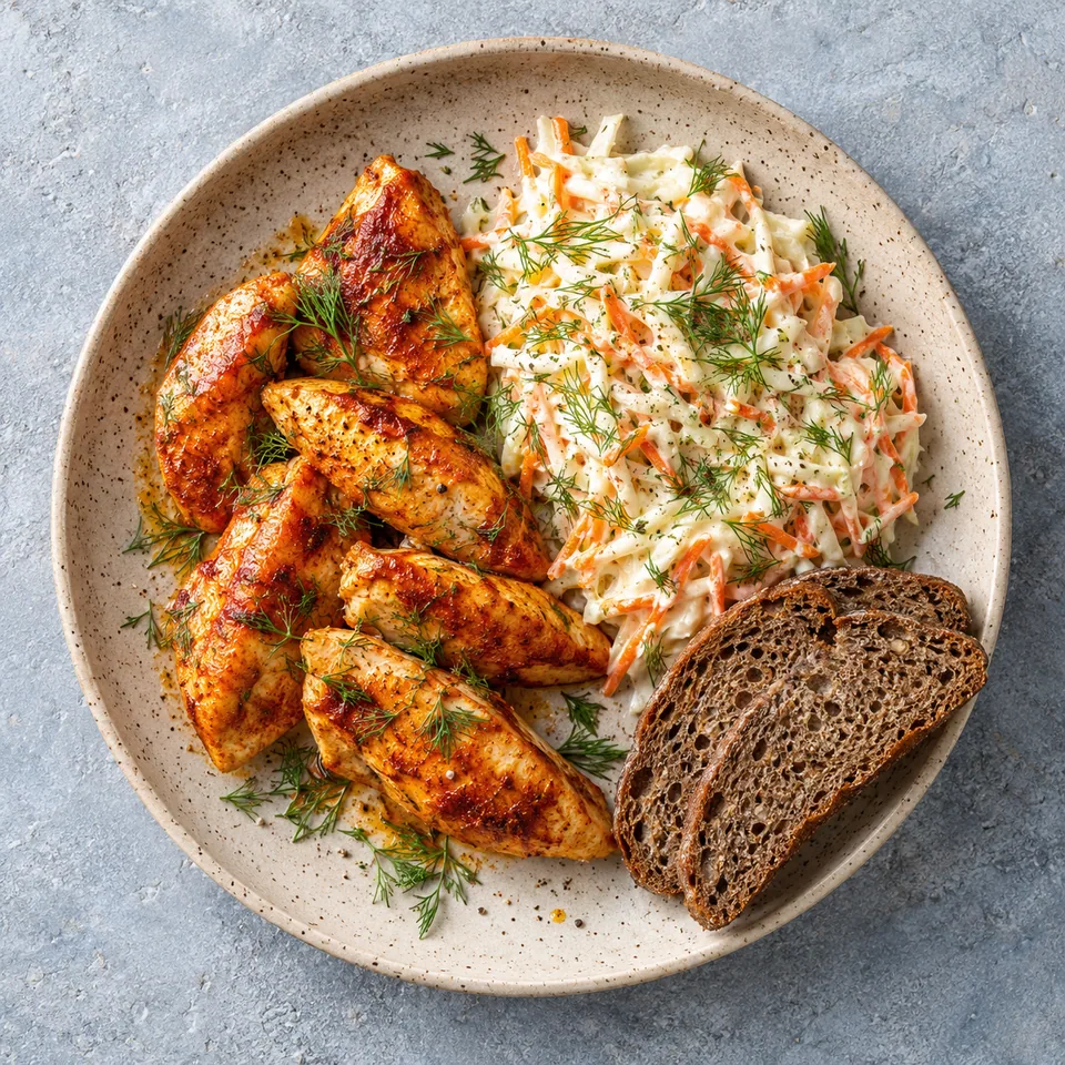 Assiette de poulet au paprika et salade de chou crémeuse à l'aneth sur pain de seigle