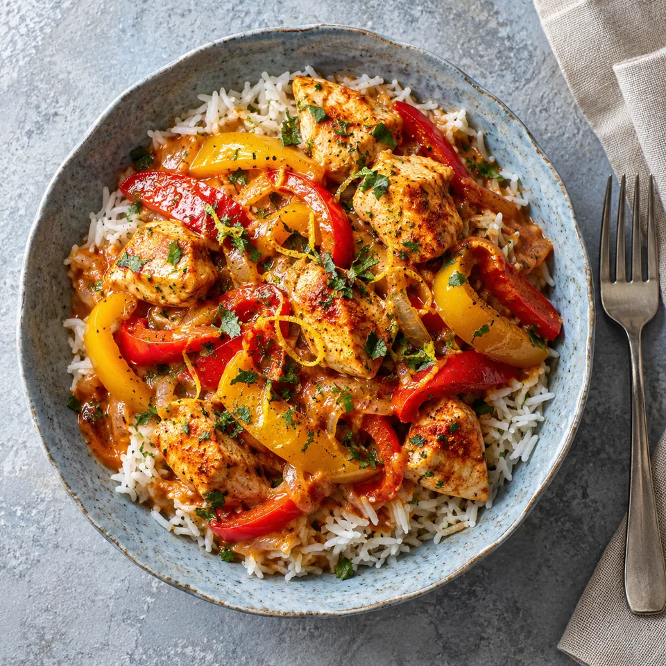Bol de poulet au paprika aux poivrons colorés et riz basmati, garni de persil et zeste de citron.