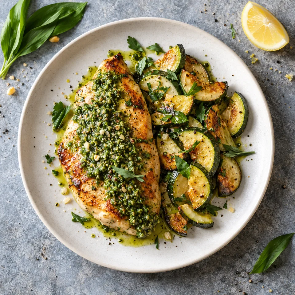 Assiette de poulet au pesto d'ail des ours et courgettes, portion servie vue de dessus.