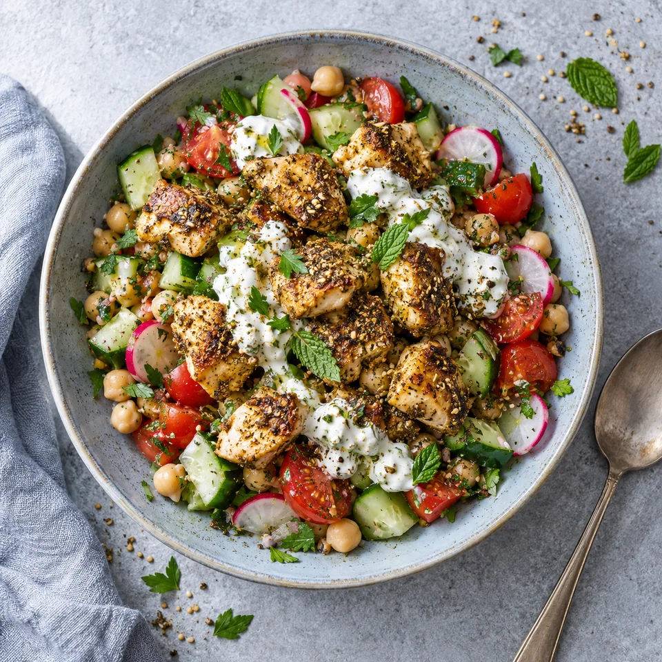 Assiette de poulet au zaatar en dés sur salade de tomates, concombres et pois chiches, nappée de yaourt à l'ail et herbes fraîches.