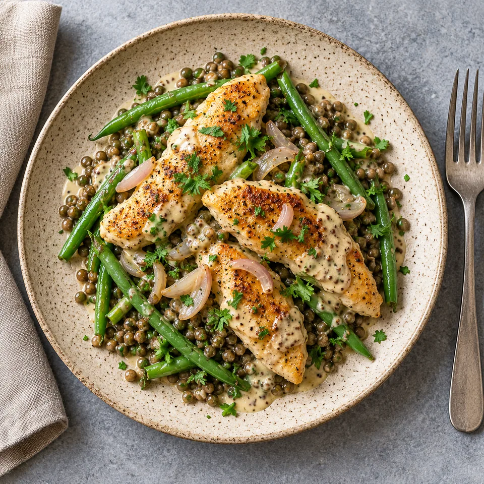Assiette de poulet aux herbes, lentilles et haricots verts nappés de sauce moutarde et parsemés de persil frais.