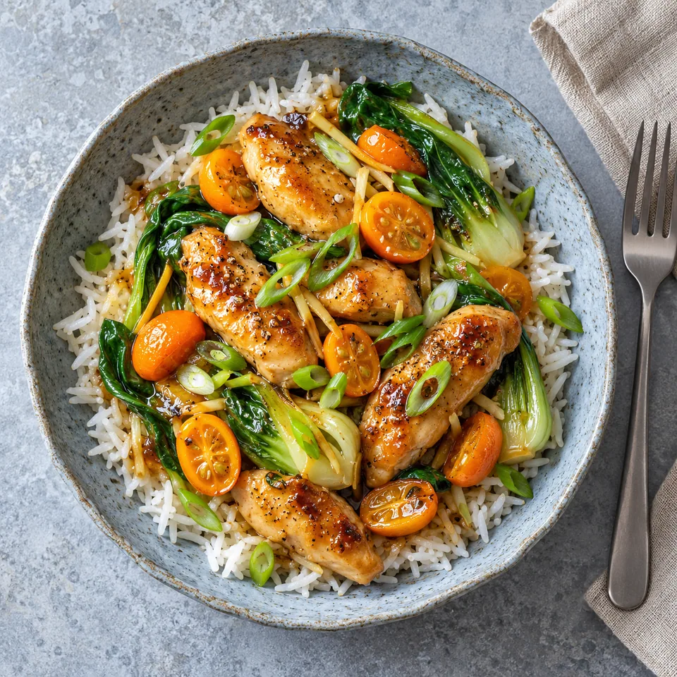 Bol de riz basmati avec poulet doré, pak-choï vert et kumquats confits nappés de sauce ambrée.