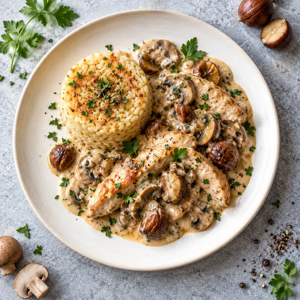 Assiette de poulet aux marrons et champignons en sauce crémeuse, servi avec un cylindre de riz.