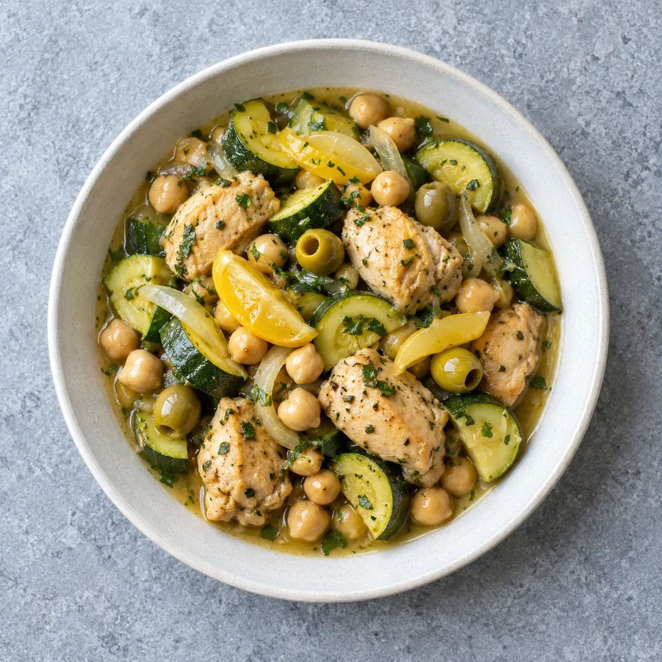 Poulet aux olives, pois chiches et courgettes : morceaux de poulet, courgettes vertes, pois chiches et citron confit en assiette.