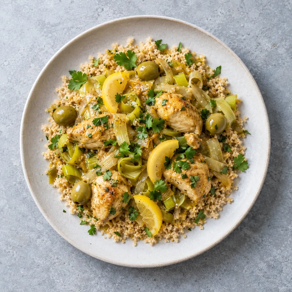Poulet aux poireaux et citron confit, servi avec semoule complète, olives, citron confit et coriandre.