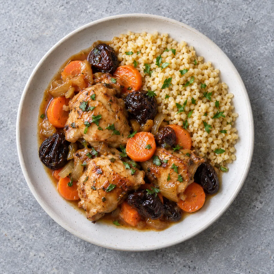 Poulet aux pruneaux, boulgour égrené, carottes fondantes, oignon mijoté et pruneaux, servis en portion individuelle.