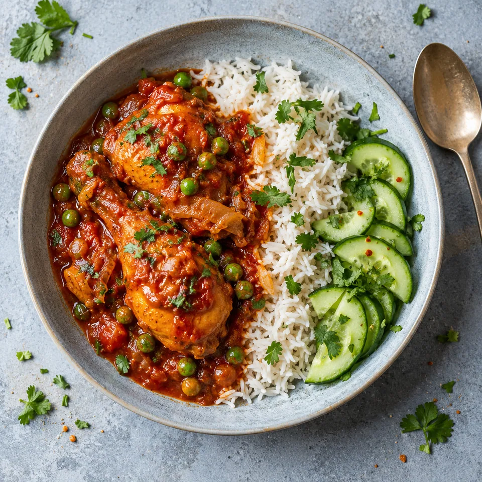 Assiette de poulet ayam masak merah à la sauce coco rouge avec riz blanc et rondelles de concombre frais.