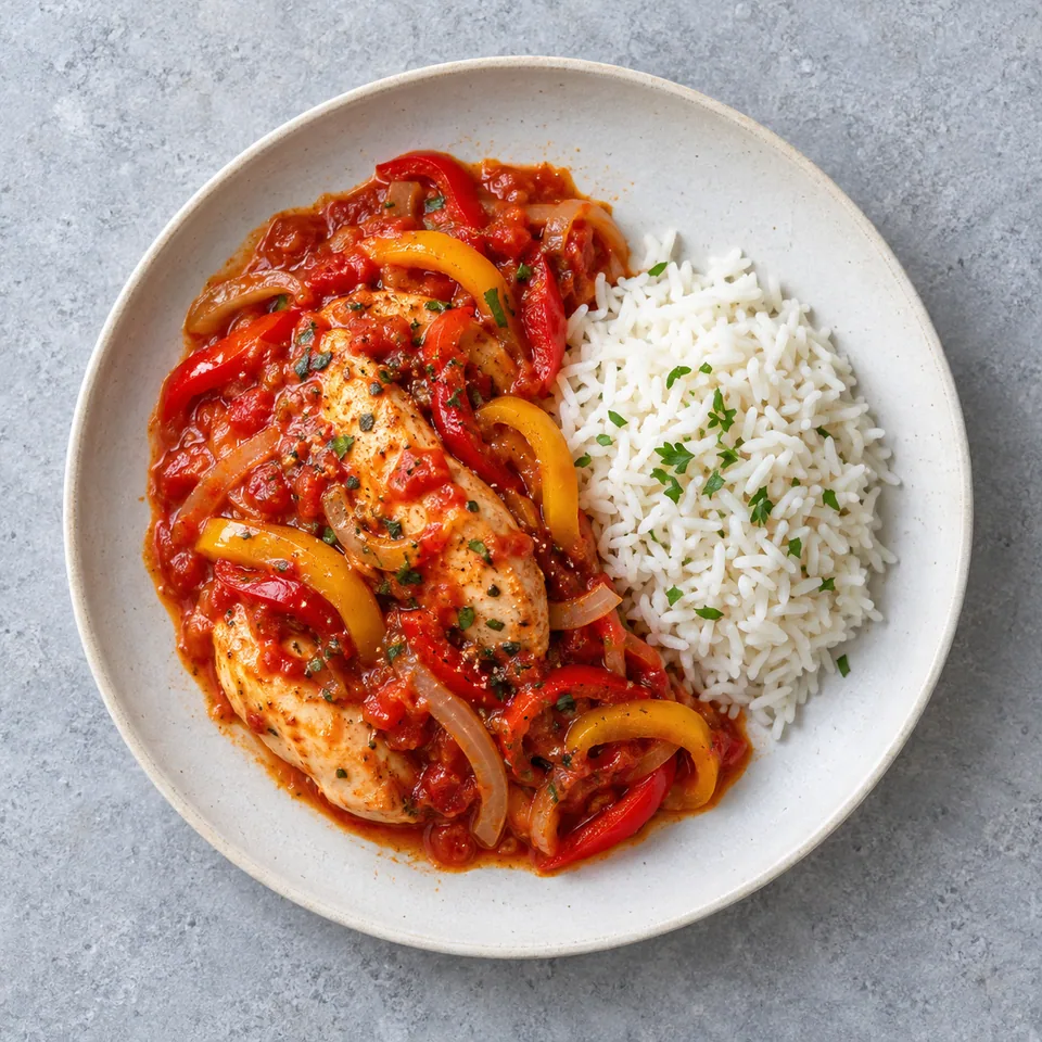 Poulet basquaise aux poivrons : poulet en sauce tomate, lanières rouges et jaunes, oignon émincé et riz blanc à côté.