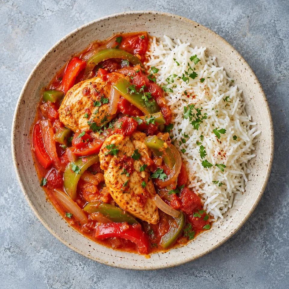 Assiette de poulet basquaise aux poivrons et piment d’Espelette avec riz basmati, sauce tomate brillante et légumes colorés.