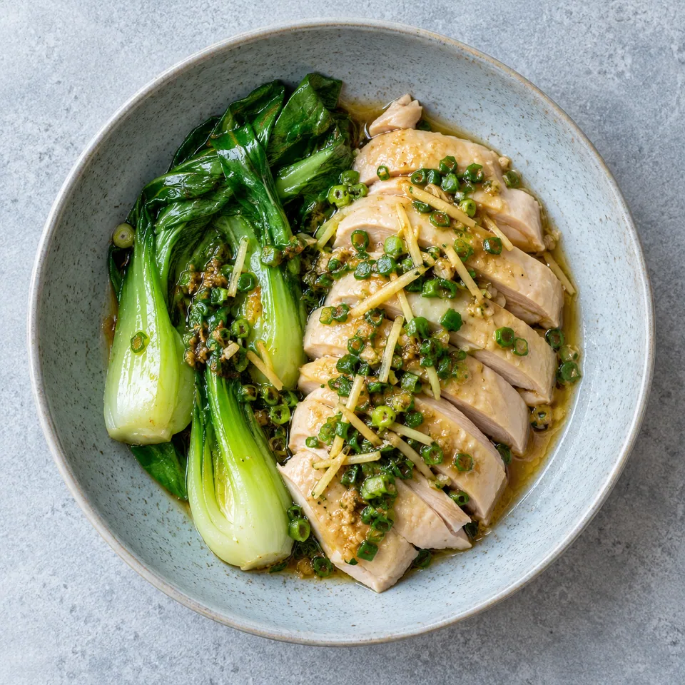 Assiette creuse bleu-gris : tranches de poulet blanc, bok choy vert brillant et sauce gingembre-ciboule.