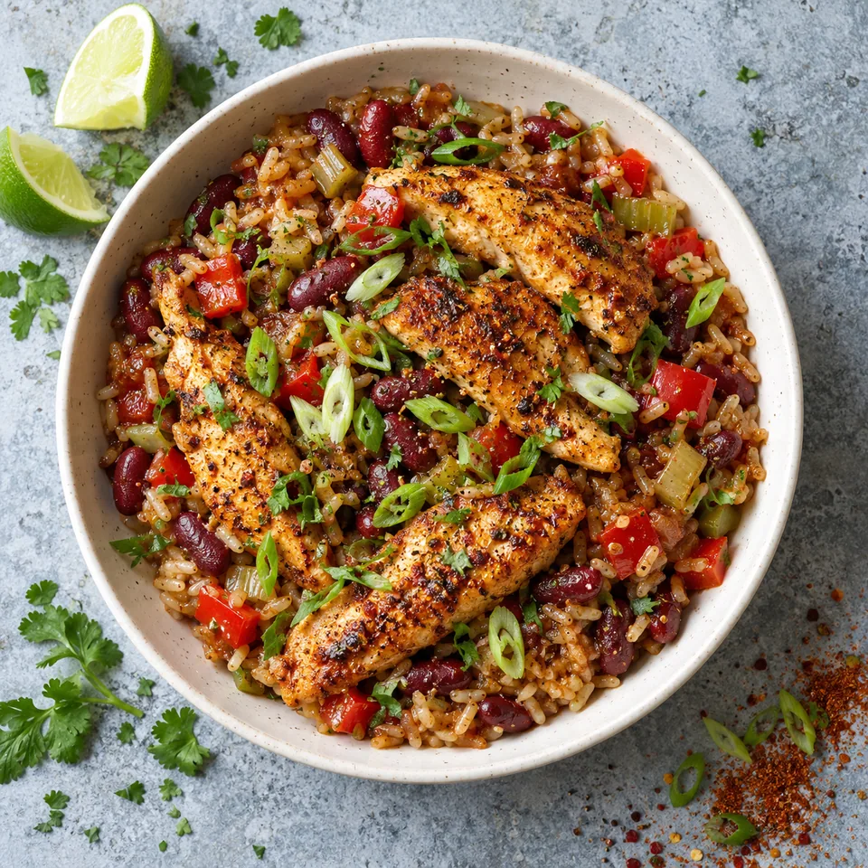 Bol de poulet cajun et riz aux haricots rouges, garni d'oignon vert et citron vert.