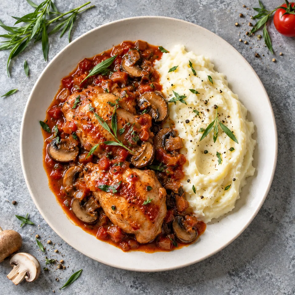 Assiette de poulet chasseur aux champignons et purée de pommes de terre, sauce tomate et estragon.