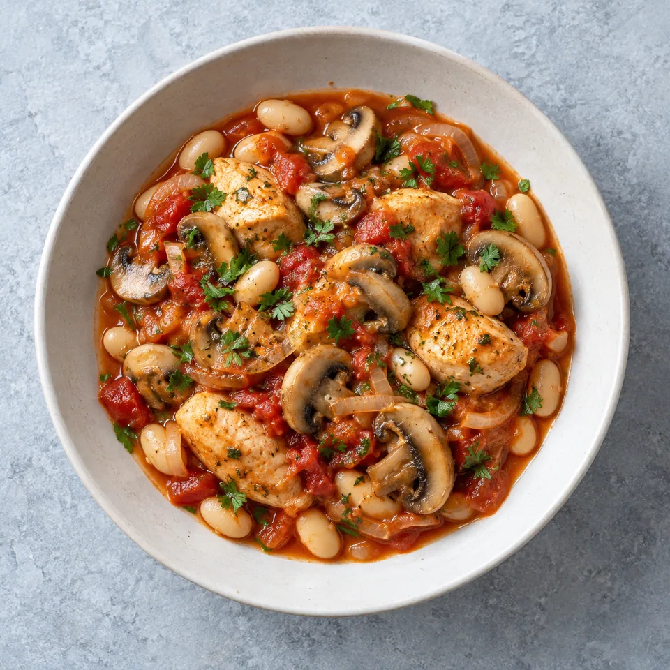 Poulet chasseur express : poulet, champignons émincés et haricots blancs en sauce tomate rouge, parsemés de persil.