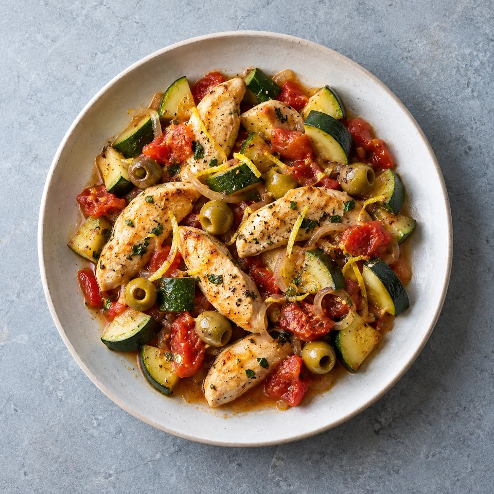 Poulet citron, olives et courgettes : aiguillettes mêlées aux courgettes vertes, tomates rouges, oignon et olives, avec des zestes.