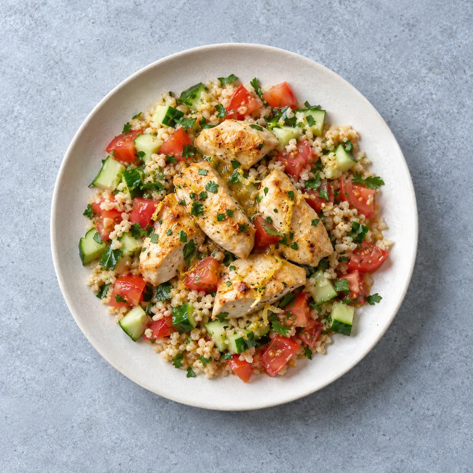 Poulet citronné, boulgour et herbes : morceaux dorés sur boulgour aux dés de concombre, tomates et persil haché.