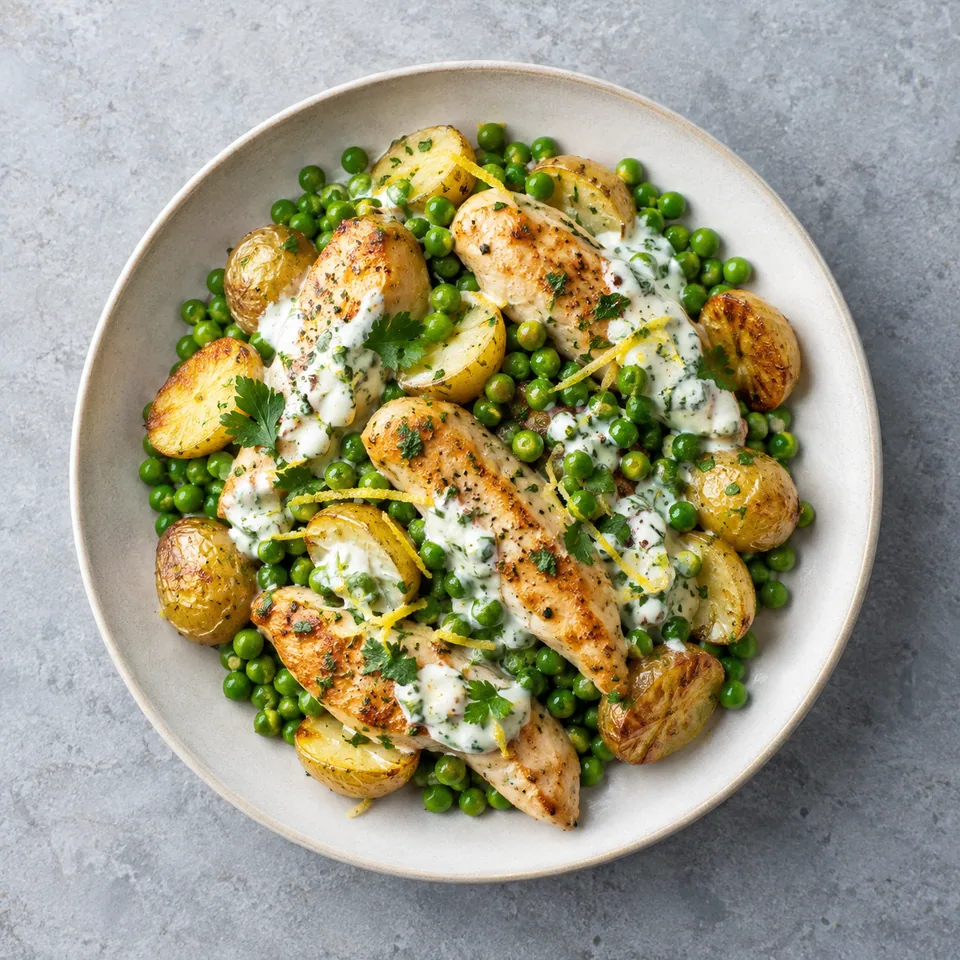 Poulet citronné avec pommes grenaille et pois verts, nappé de sauce au yaourt et aux herbes.