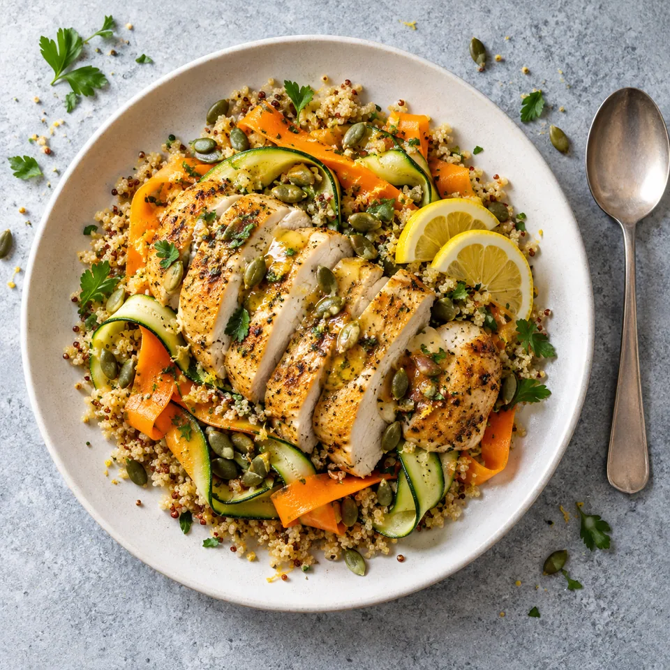 Assiette de poulet citronné au quinoa et légumes râpés, garni de graines de courge.