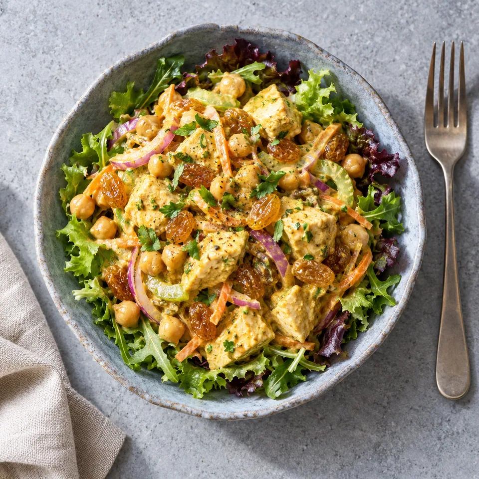 Bol de poulet coronation au curry avec pois chiches et raisins sur salade verte