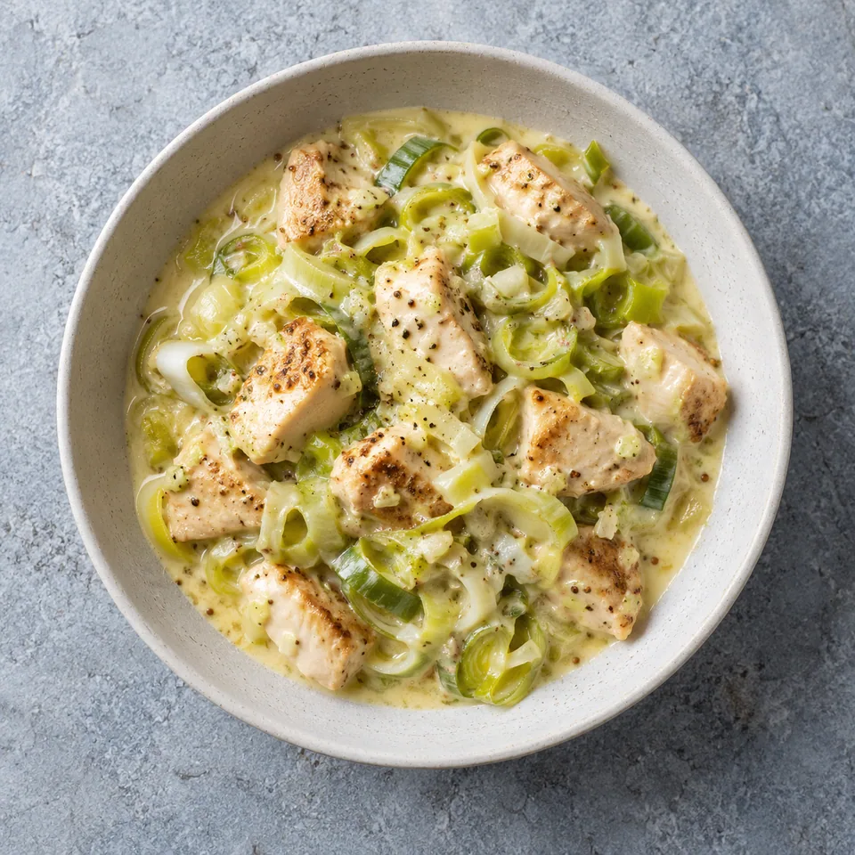 Poulet crémeux aux poireaux : dés de poulet dorés et poireaux fondants nappés d’une sauce crémeuse blanche.