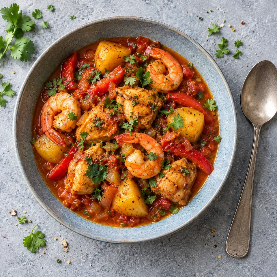 Cataplana de poulet, crevettes et pommes de terre sur assiette bleue, garnie de coriandre.