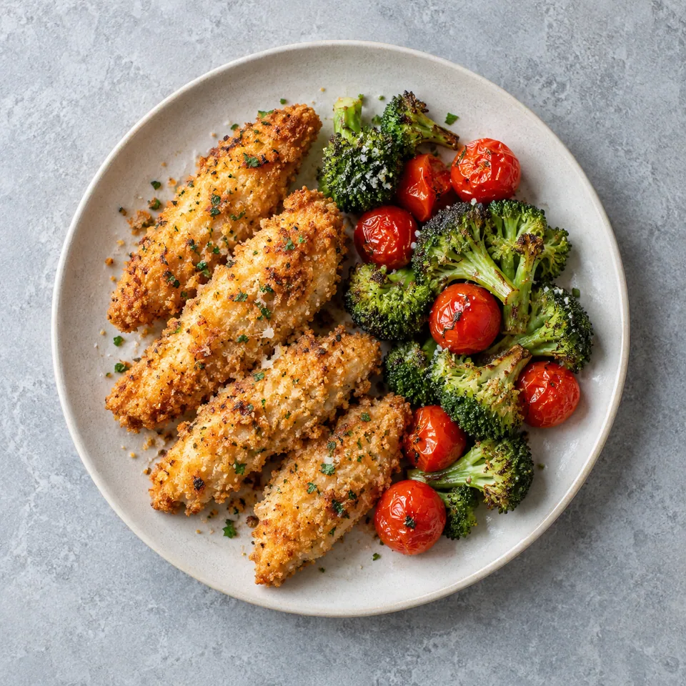 Poulet croustillant au parmesan, brocoli rôti et tomates cerises entières, servis côte à côte dans une assiette.