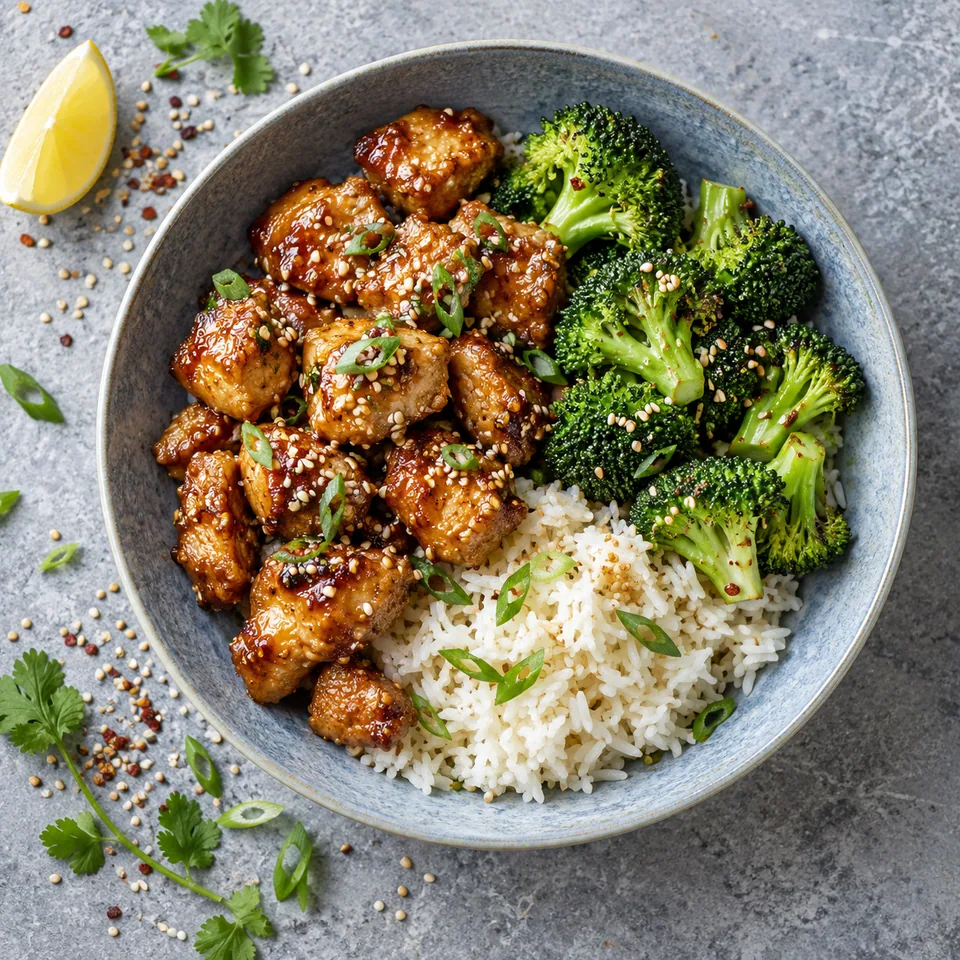 Assiette creuse en grès bleu-gris pâle avec dés de poulet croustillant au sésame, riz et brocoli.