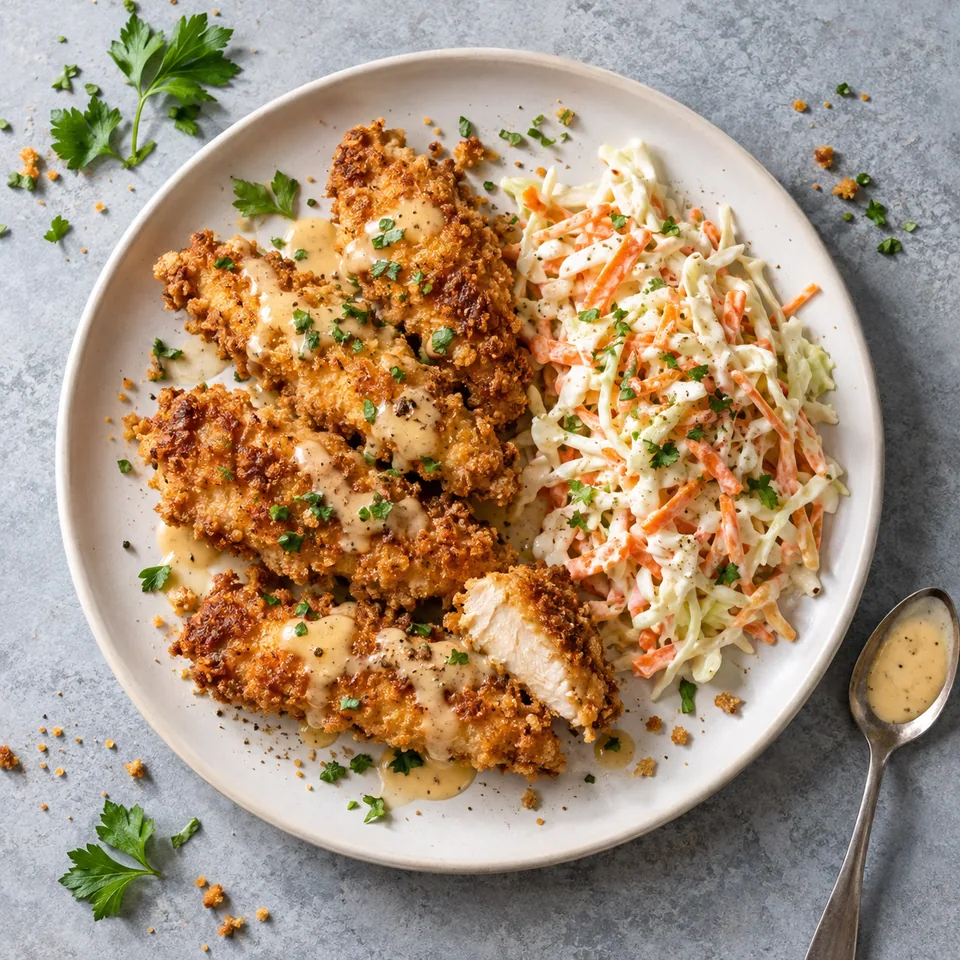Assiette de poulet croustillant en pâte à pancake avec coleslaw et sauce onctueuse, vue de dessus.