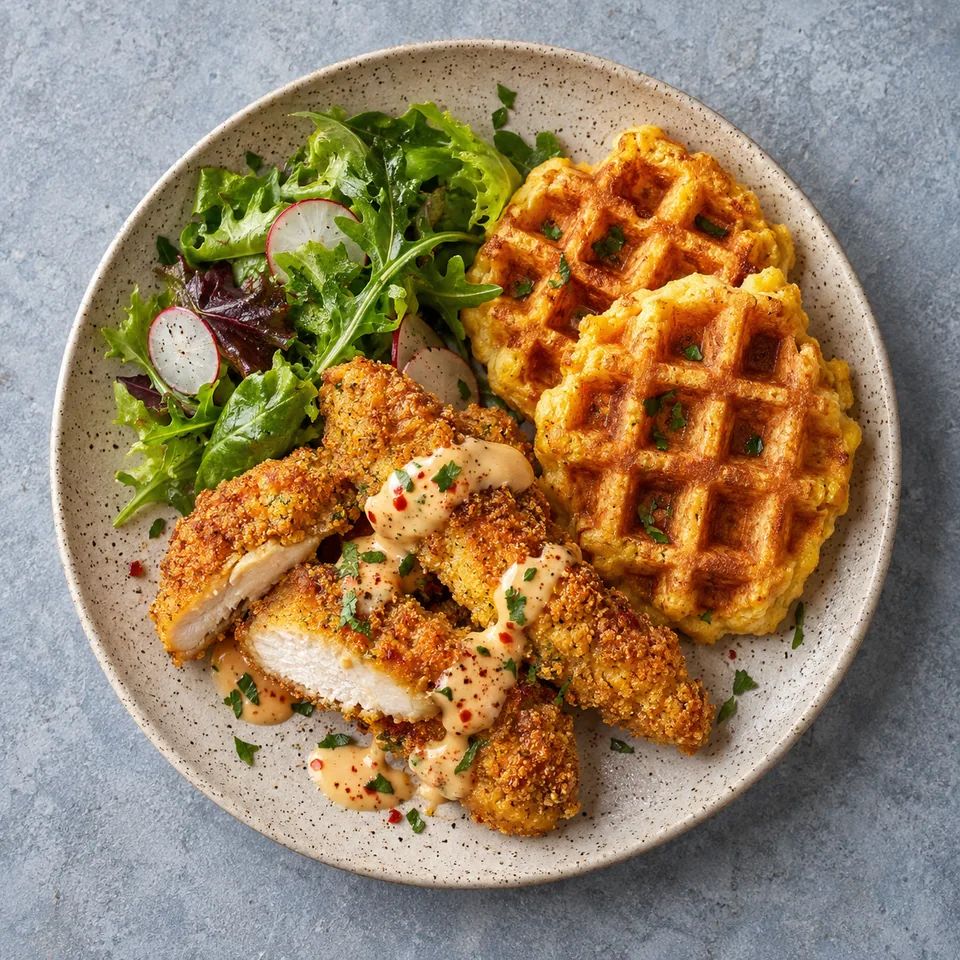 Assiette de poulet croustillant et gaufres au maïs, sauce piquante et salade verte