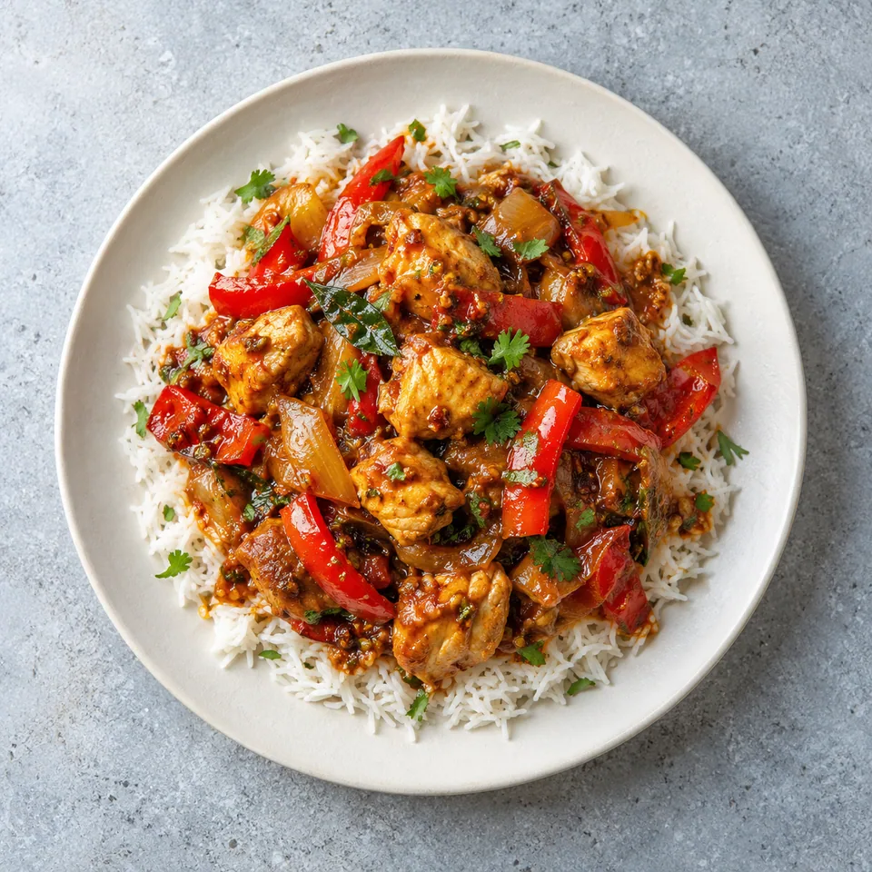 Assiette de poulet devilled sri-lankais aux poivrons sur riz basmati, sauce brillante et légumes colorés.