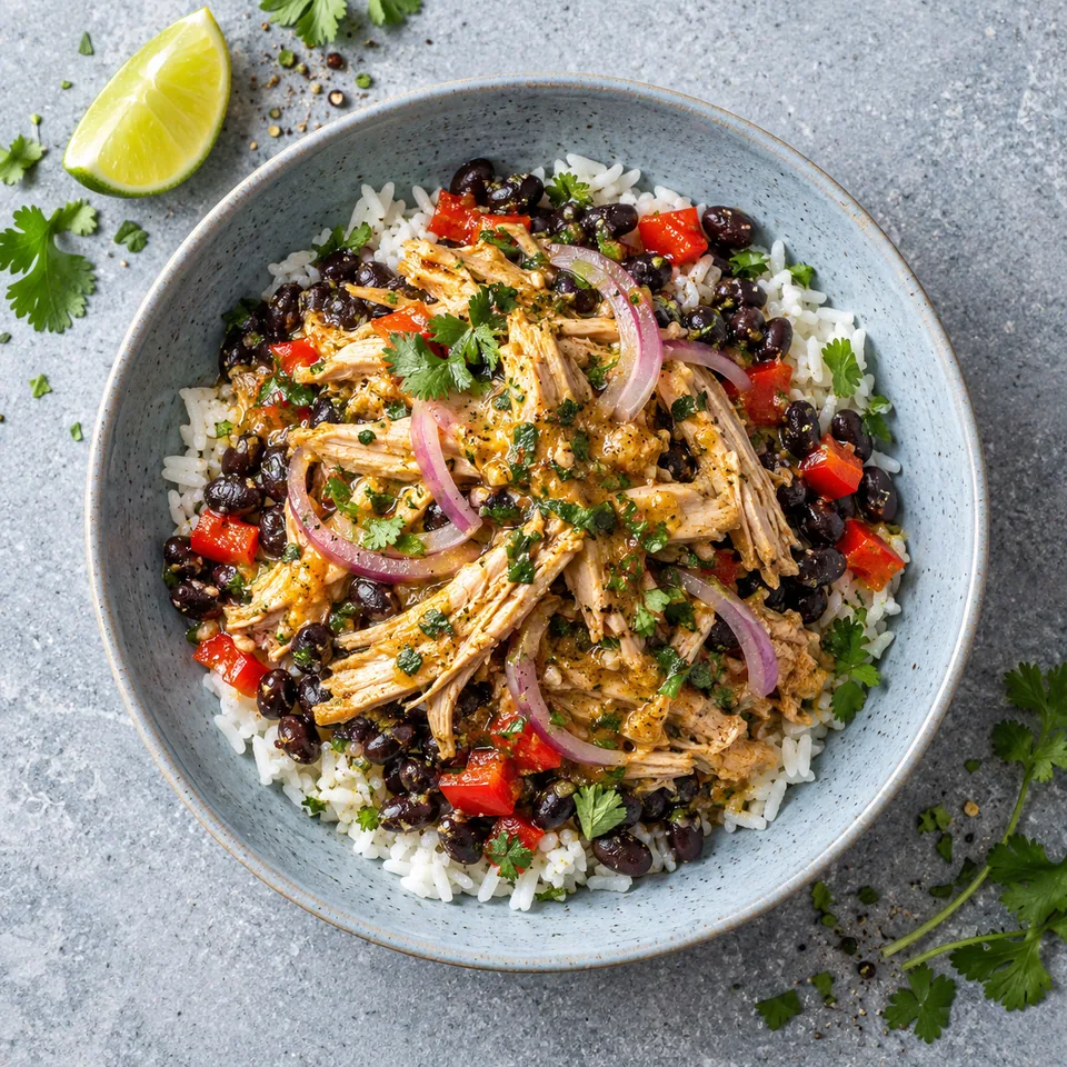 Assiette creuse en grès bleu-gris pâle contenant une portion de poulet effiloché au mojo cubain, riz blanc, haricots noirs et dés de poivron rouge.