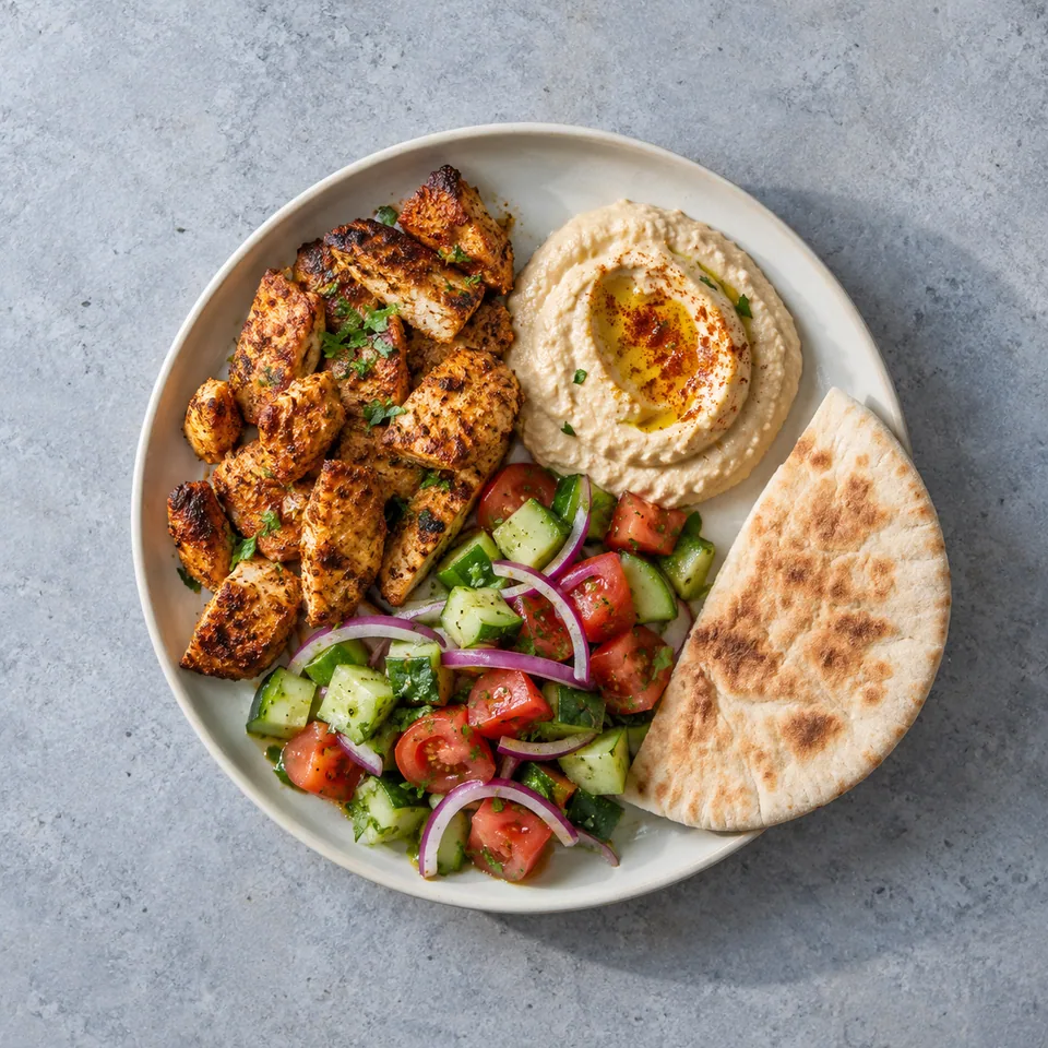 Poulet épicé, houmous et crudités : morceaux de poulet, houmous, salade colorée et demi-pain pita.