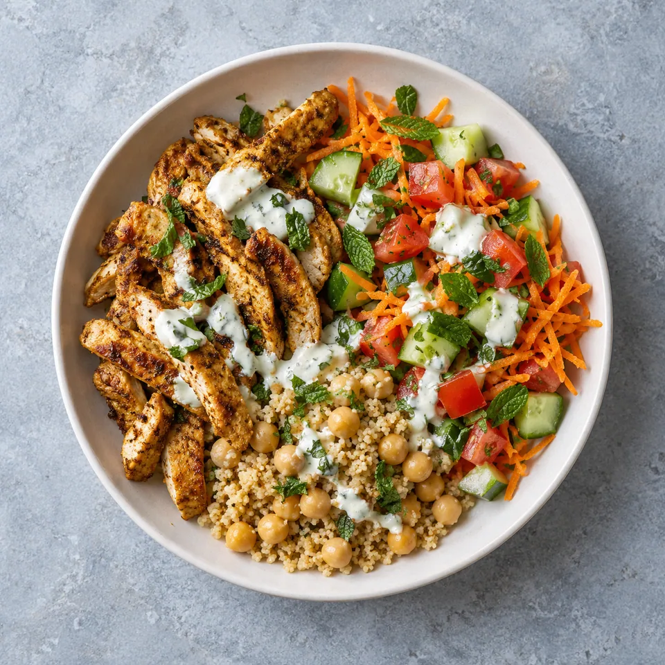 Poulet façon chawarma, semoule et crudités : lanières dorées, pois chiches, dés verts et rouges, carottes râpées, sauce blanche.