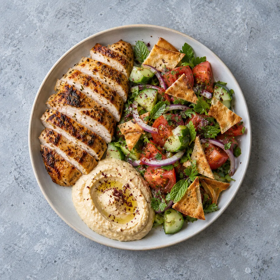 Poulet grillé en tranches avec houmous, salade de tomates et concombre, herbes, oignon rouge et pita croustillante.