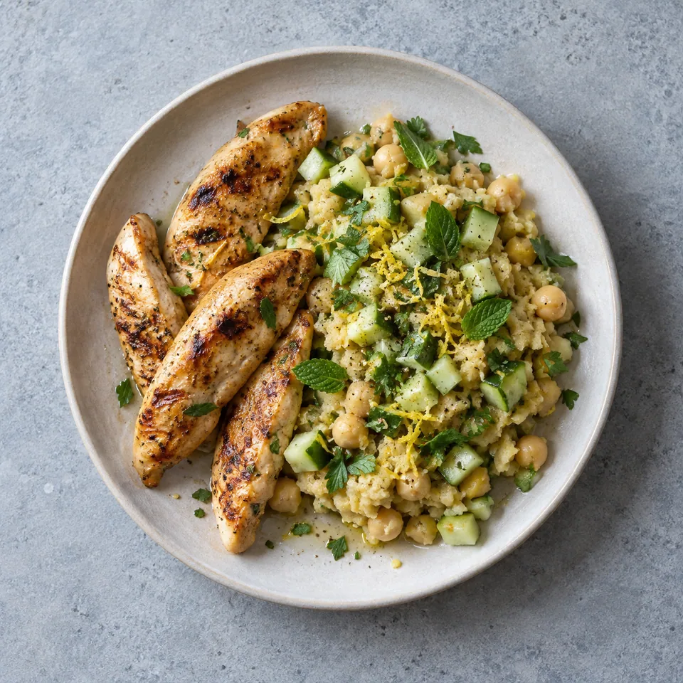 Poulet grillé en aiguillettes, servi avec un écrasé de pois chiches aux dés de concombre et herbes fraîches.