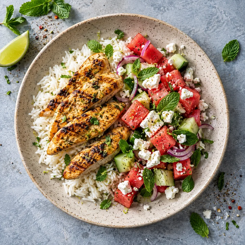 Poulet grillé, salsa de pastèque et feta : riz, poulet grillé doré, dés de pastèque rose et concombre vert, feta et menthe sur assiette beige.
