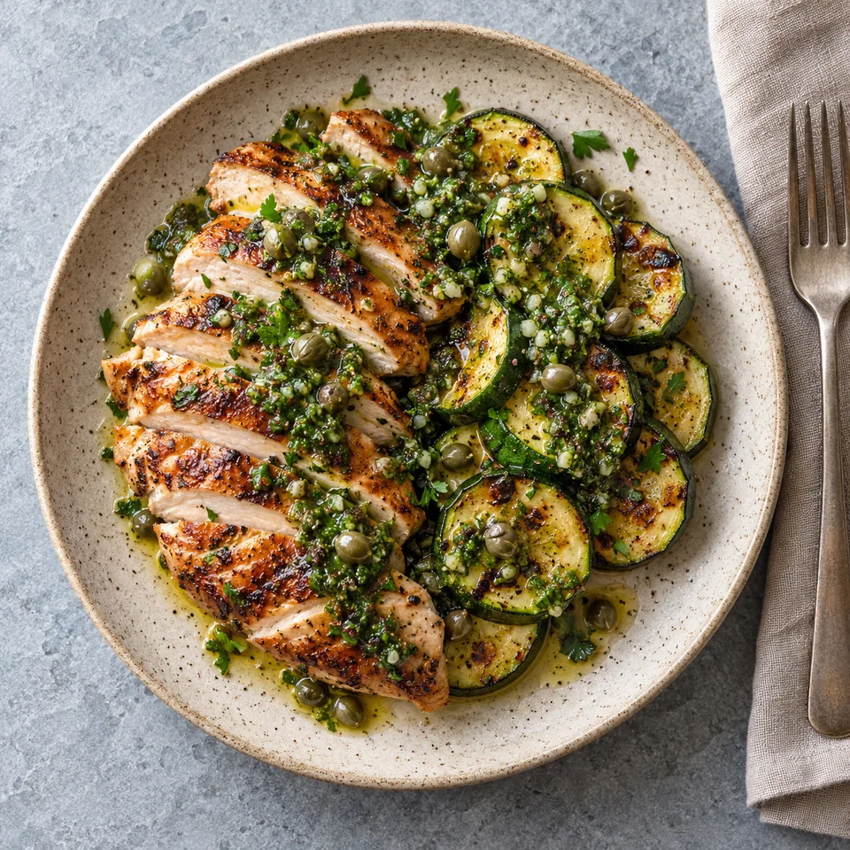 Assiette de poulet grillé tranché et courgettes, nappés de salsa verte aux câpres et herbes fraîches.
