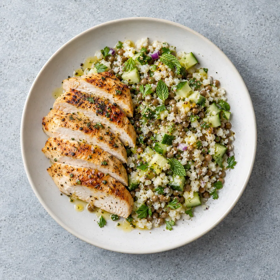 Poulet grillé en tranches avec taboulé de chou-fleur, lentilles, dés de concombre, persil et menthe.