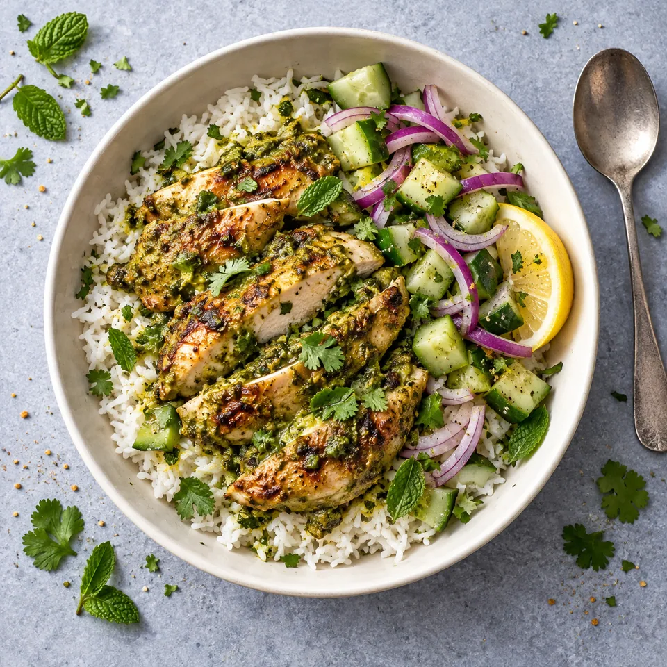 Poulet hariyali, riz et oignons au citron : poulet doré sur riz blanc avec dés de concombre et oignon rouge.