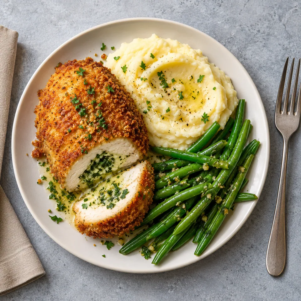 Assiette de poulet Kiev doré et croustillant, purée de pommes de terre onctueuse et haricots verts nappés de beurre persillé.