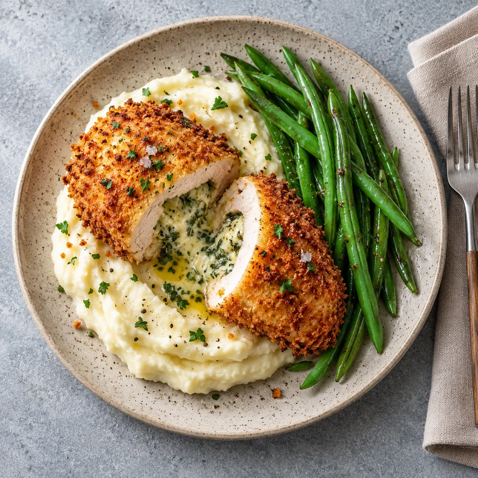 Assiette de Poulet Kiev doré et croustillant, coupé en deux, servi avec purée blanche et haricots verts.