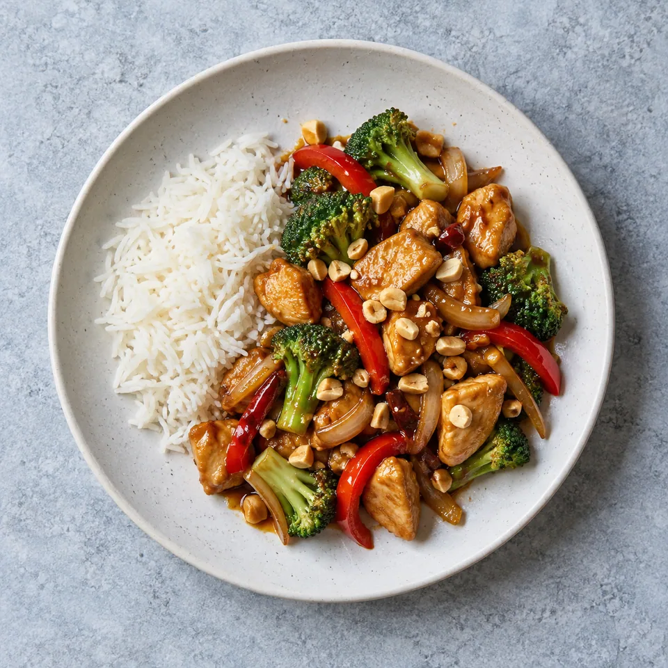 Poulet kung-pao aux cacahuètes : dés de poulet et légumes rouges et verts en sauce brune, petit tas de riz blanc à côté.