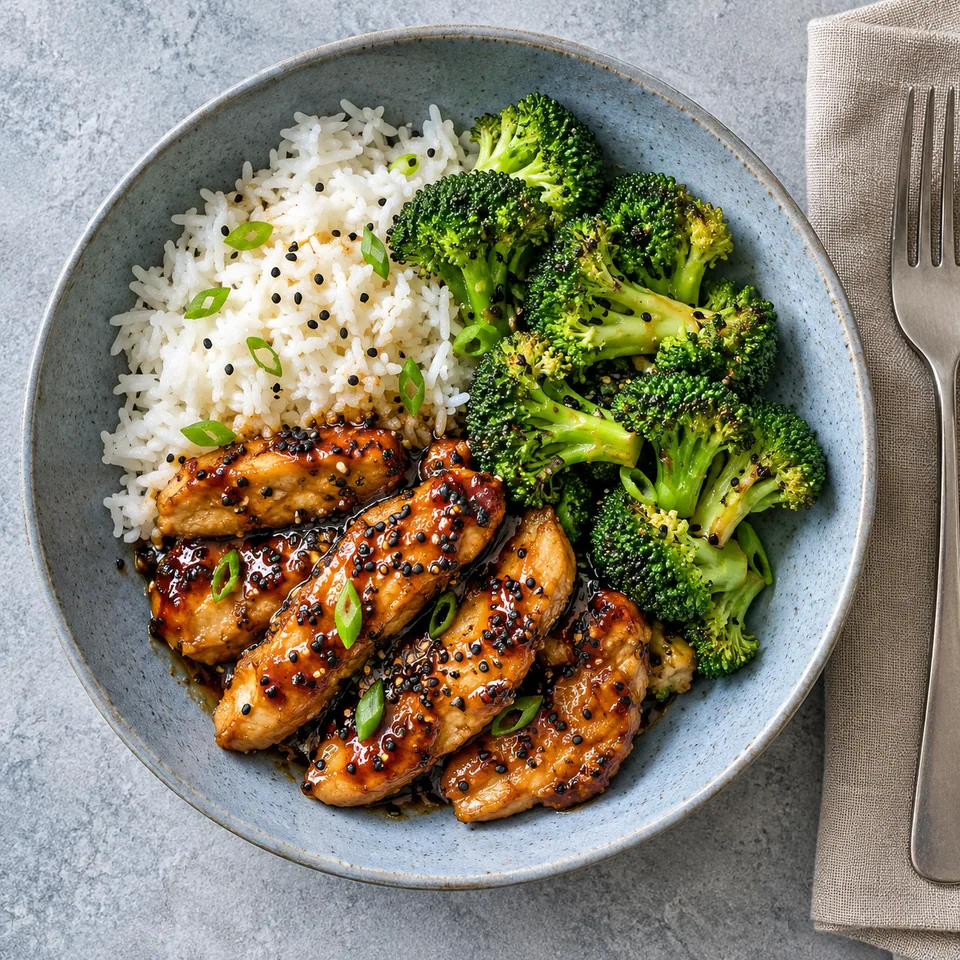 Assiette creuse bleu-gris contenant du riz blanc, du brocoli vert et du poulet laqué doré parsemé de sésame noir.