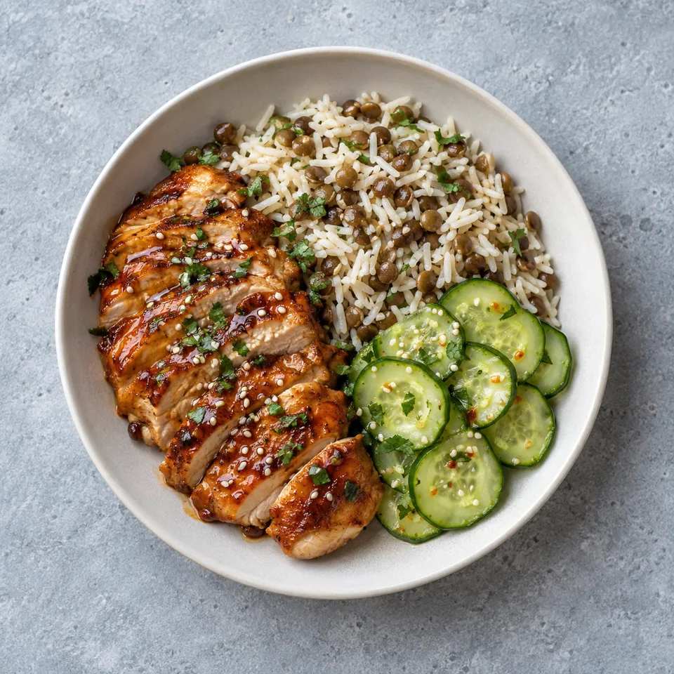 Poulet laqué en morceaux avec riz aux lentilles et rondelles de concombre vinaigrées, servis côte à côte dans une assiette.