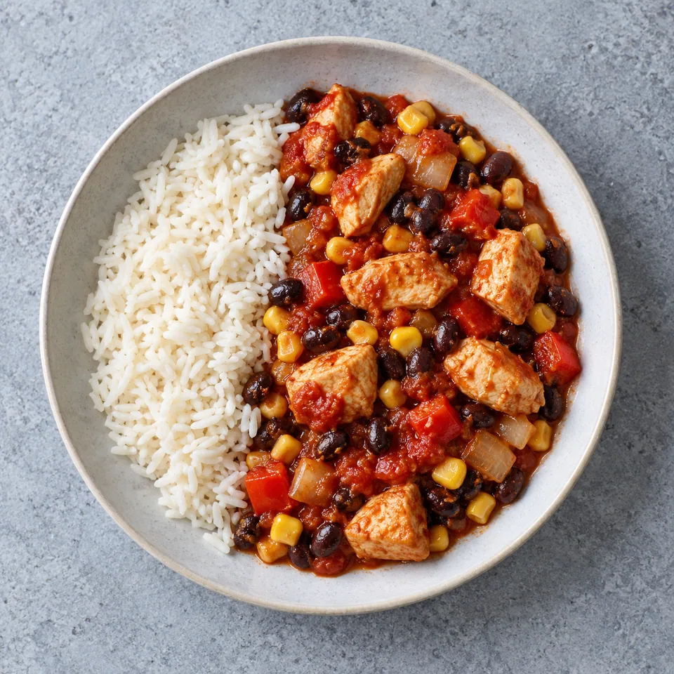 Poulet mexicain, riz et haricots noirs : riz blanc à côté du poulet en sauce tomate, avec maïs jaune, poivrons et oignon.